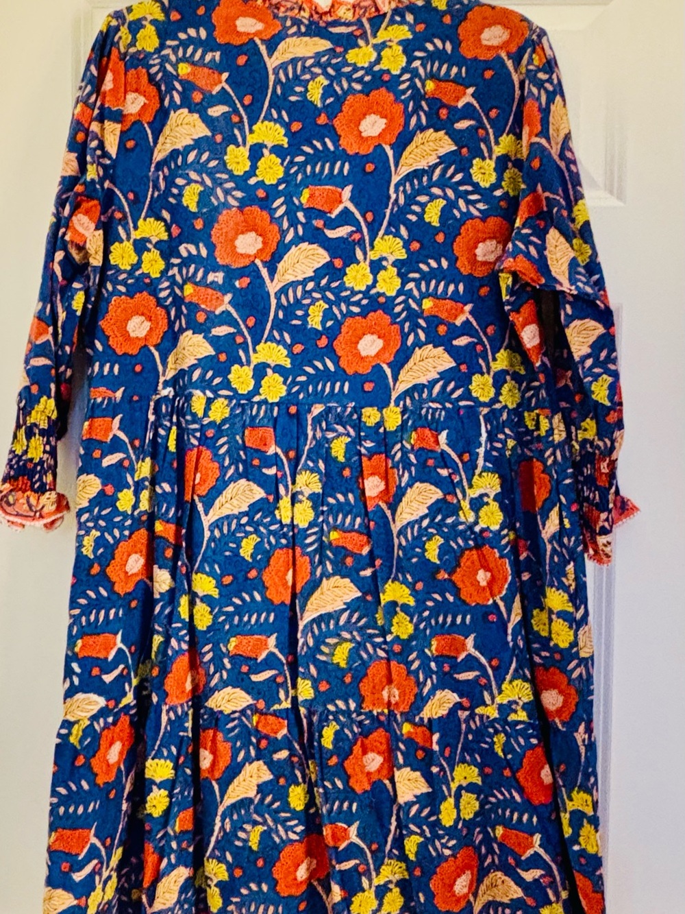 Charlee  Floral V-Neck Tiered Dress - Blue with Orange & Yellow Flowers - Picture 4 of 4